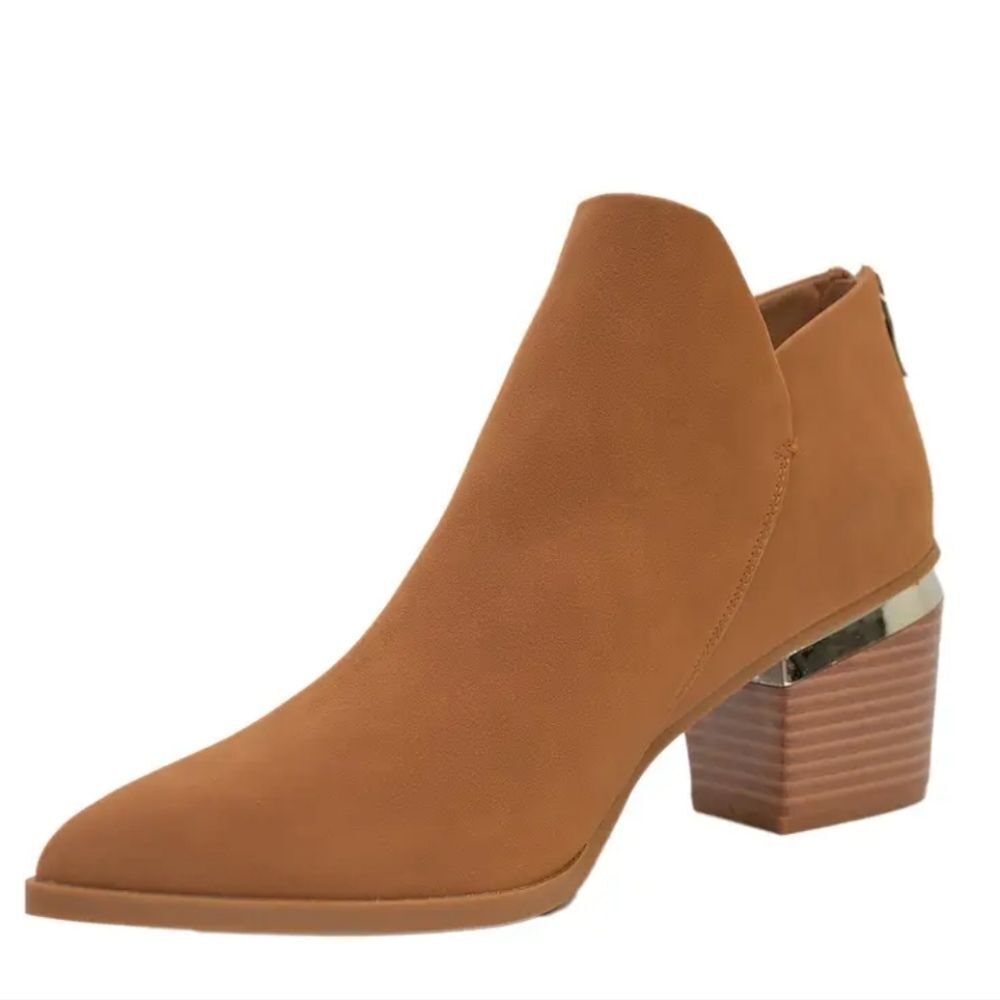 Cognac Suede Ankle Booties with Side Cutout and Stacked Heel Sz 11